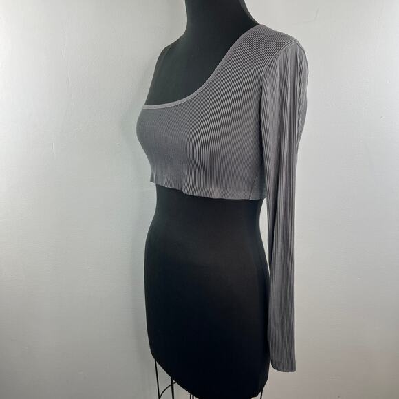 Maniere De Voir Gray Cropped Top Stretch Rib One Shoulder Pullover Top Size 12 - Picture 4 of 10